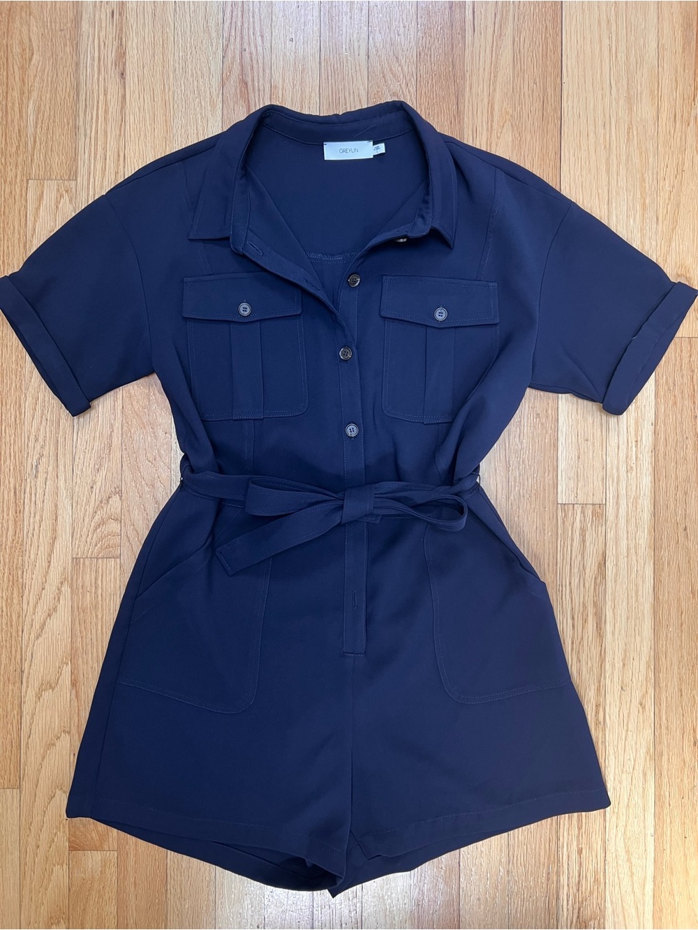 Greylin Anthropologie Navy Belted Utility Romper Size Large